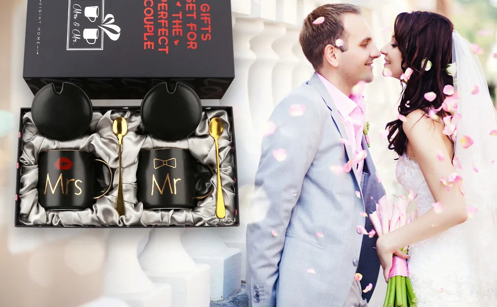 Mr and Mrs Coffee Mugs Creative Couples Black Ceramic Cups Wedding Gifts for Newlyweds Cup Set Perfect Gift-Set for Engagement