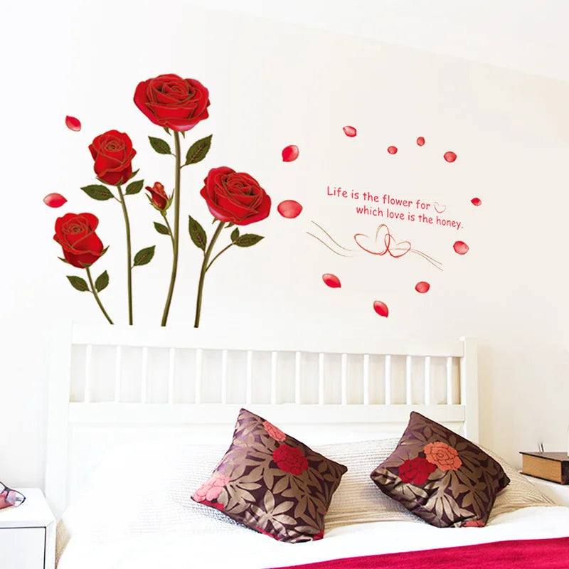 Romantic Red Rose Wall Sticker For Bedroom Living Room Sofa Background Home Decoration Mural Art Decals Flowers Wallpaper