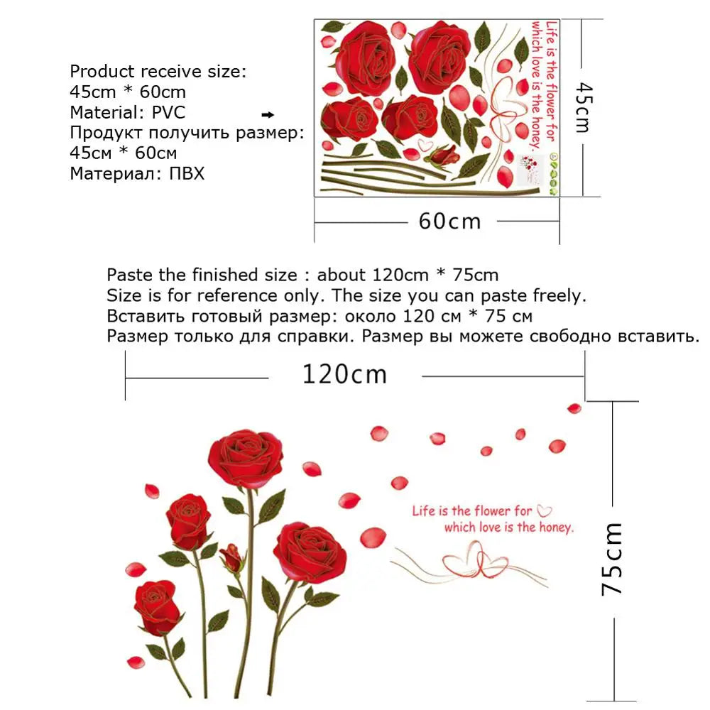 Romantic Red Rose Wall Sticker For Bedroom Living Room Sofa Background Home Decoration Mural Art Decals Flowers Wallpaper