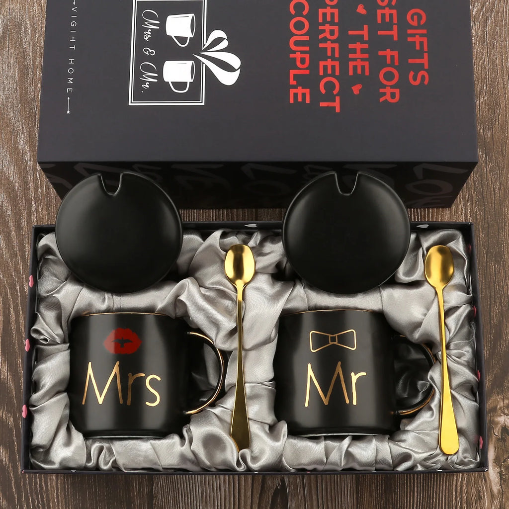 Mr and Mrs Coffee Mugs Creative Couples Black Ceramic Cups Wedding Gifts for Newlyweds Cup Set Perfect Gift-Set for Engagement