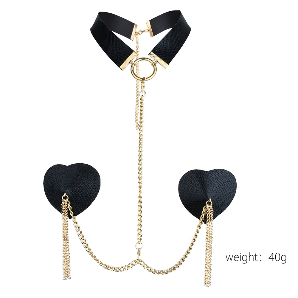 Sexy Metal Chain Linked Nipple Cover With Choker Nipple Pasties  Reusable Women Bondage Choker Collar Body Chain Sex Games Toys