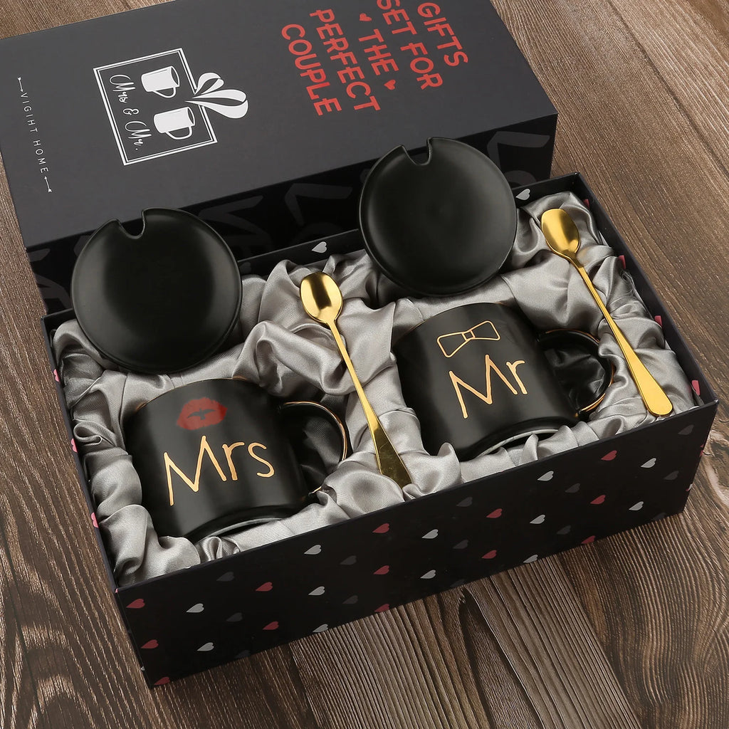 Mr and Mrs Coffee Mugs Creative Couples Black Ceramic Cups Wedding Gifts for Newlyweds Cup Set Perfect Gift-Set for Engagement