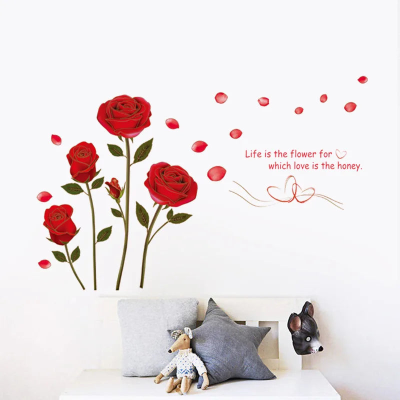 Romantic Red Rose Wall Sticker For Bedroom Living Room Sofa Background Home Decoration Mural Art Decals Flowers Wallpaper