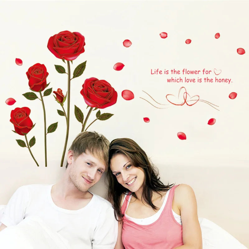 Romantic Red Rose Wall Sticker For Bedroom Living Room Sofa Background Home Decoration Mural Art Decals Flowers Wallpaper