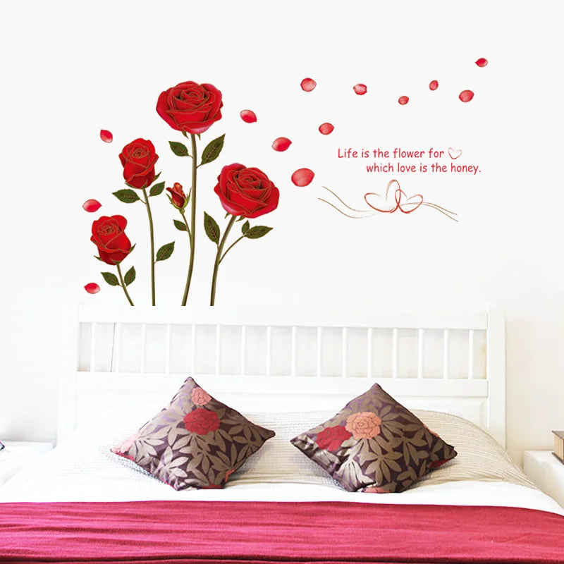 Romantic Red Rose Wall Sticker For Bedroom Living Room Sofa Background Home Decoration Mural Art Decals Flowers Wallpaper