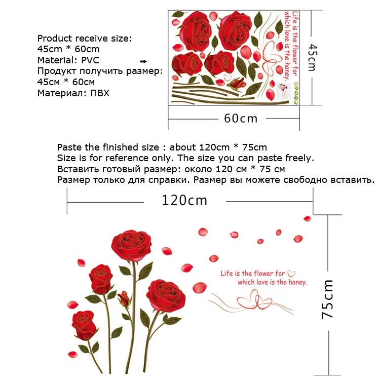 Romantic Red Rose Wall Sticker For Bedroom Living Room Sofa Background Home Decoration Mural Art Decals Flowers Wallpaper
