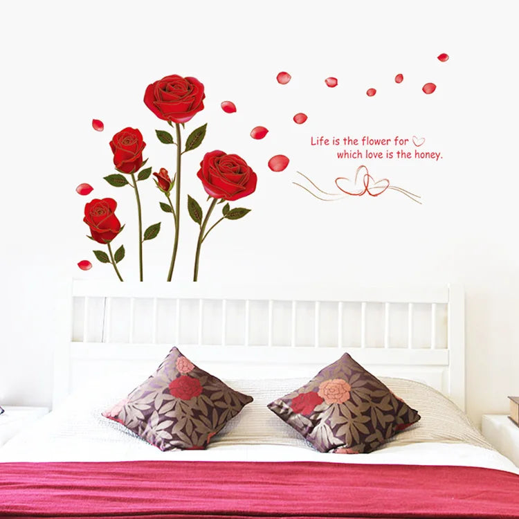Romantic Red Rose Wall Sticker For Bedroom Living Room Sofa Background Home Decoration Mural Art Decals Flowers Wallpaper