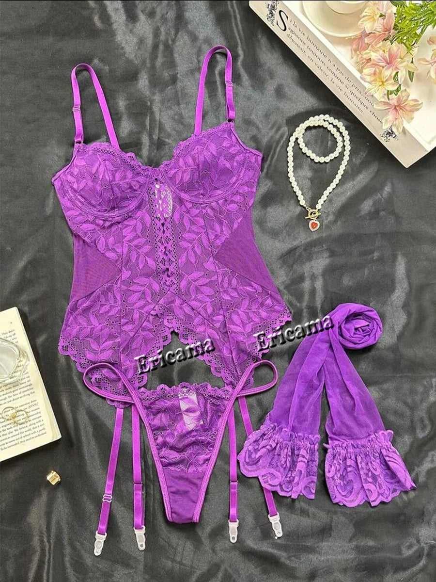 Women's 3-Piece Lace Lingerie Set – Elegant Sheer Bra, Panty & Garter Set | Romantic Intimate Wear for Women