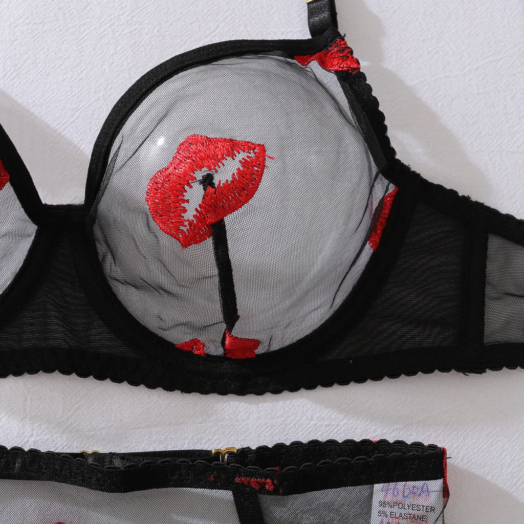 New Women's Mesh Perspective Red Lips Pure Desire Sexy Body Shaping Thin Underwear Split Four Piece Set