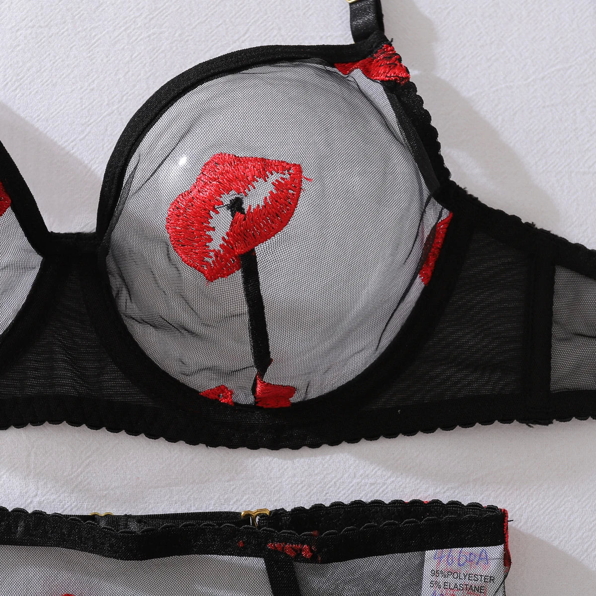 New Women's Mesh Perspective Red Lips Pure Desire Sexy Body Shaping Thin Underwear Split Four Piece Set