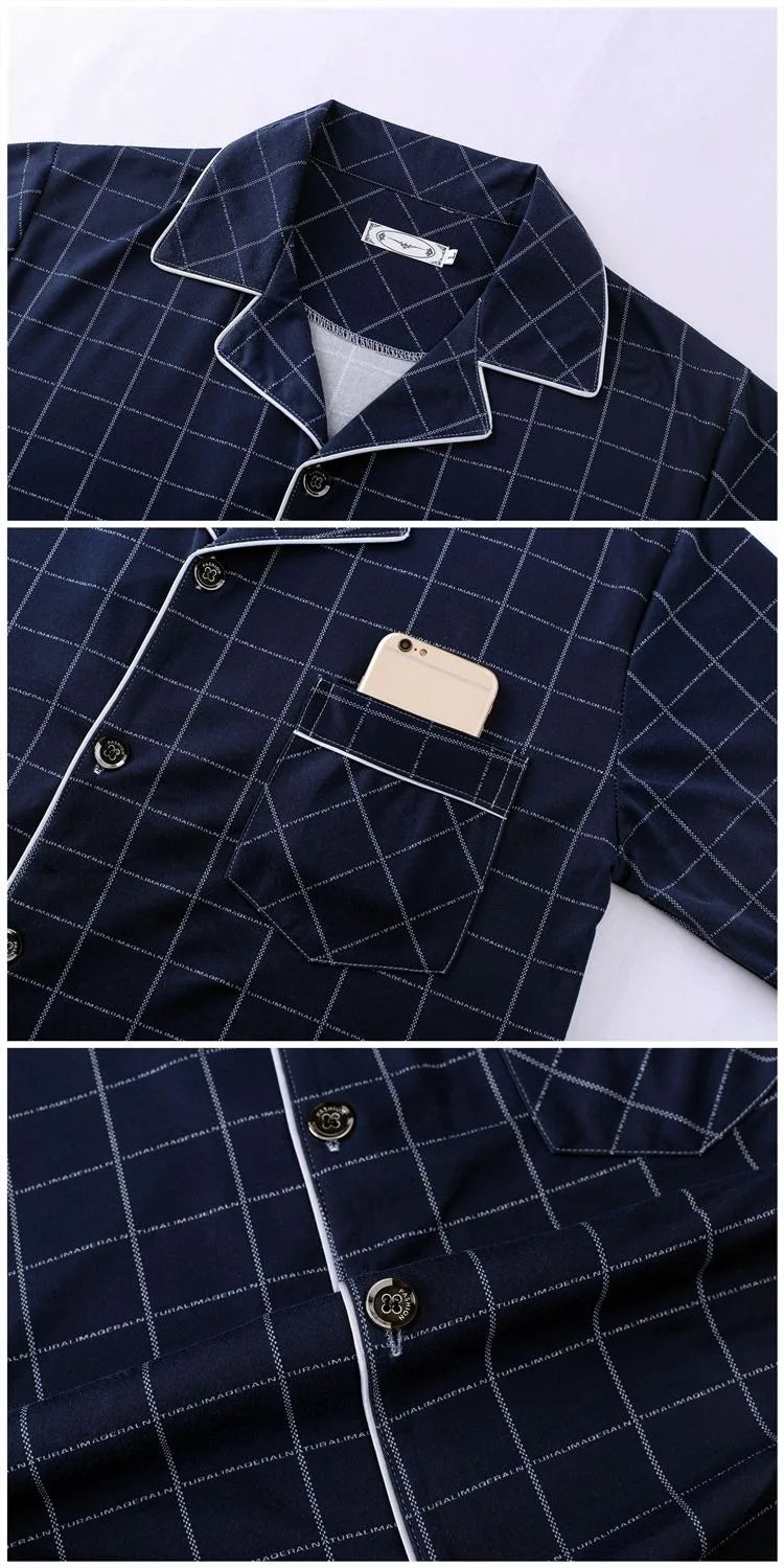 Casual Pure Cotton Men's Sleepwear Long Sleeve Long Pants Two-Piece Set Plaid Striped Simple Wearable Home Clothes