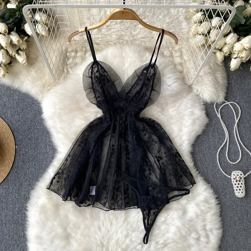 Japan Hotsweet Women's Sleepwear Set Strapless Cut Petal Sleeve Crop Top With Lace Up Pleat Mini Skirt Sexy Erotic Lingerie Set