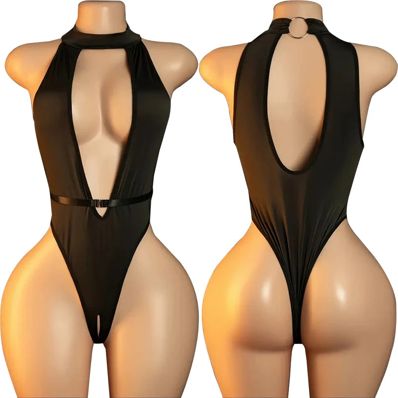 Erotic Open Bra Lingerie Women Sexy Costumes Deep V Hollow Bodysuit Hanging Neck Maid Dress Cosplay Uniform Crotchless Underwear