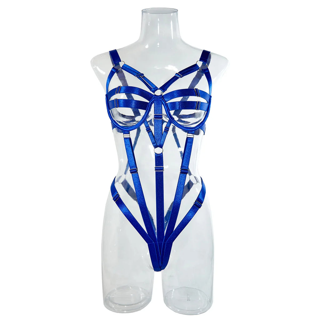 Women's Ribbon Splicing Steel Ring Backless Jumpsuit Underwear Sexy Solid Patchwork Steel Ring Bodysuit Perspective Intimates