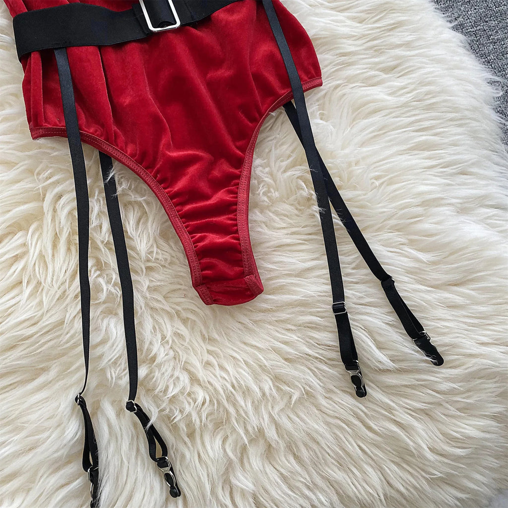 Ellolace Bunny Christmas Lingerie Bodysuit Velvet Red Erotic Costumes Hair Band Deep-V Sweet Girl Festival Set Woman 3 Pieces