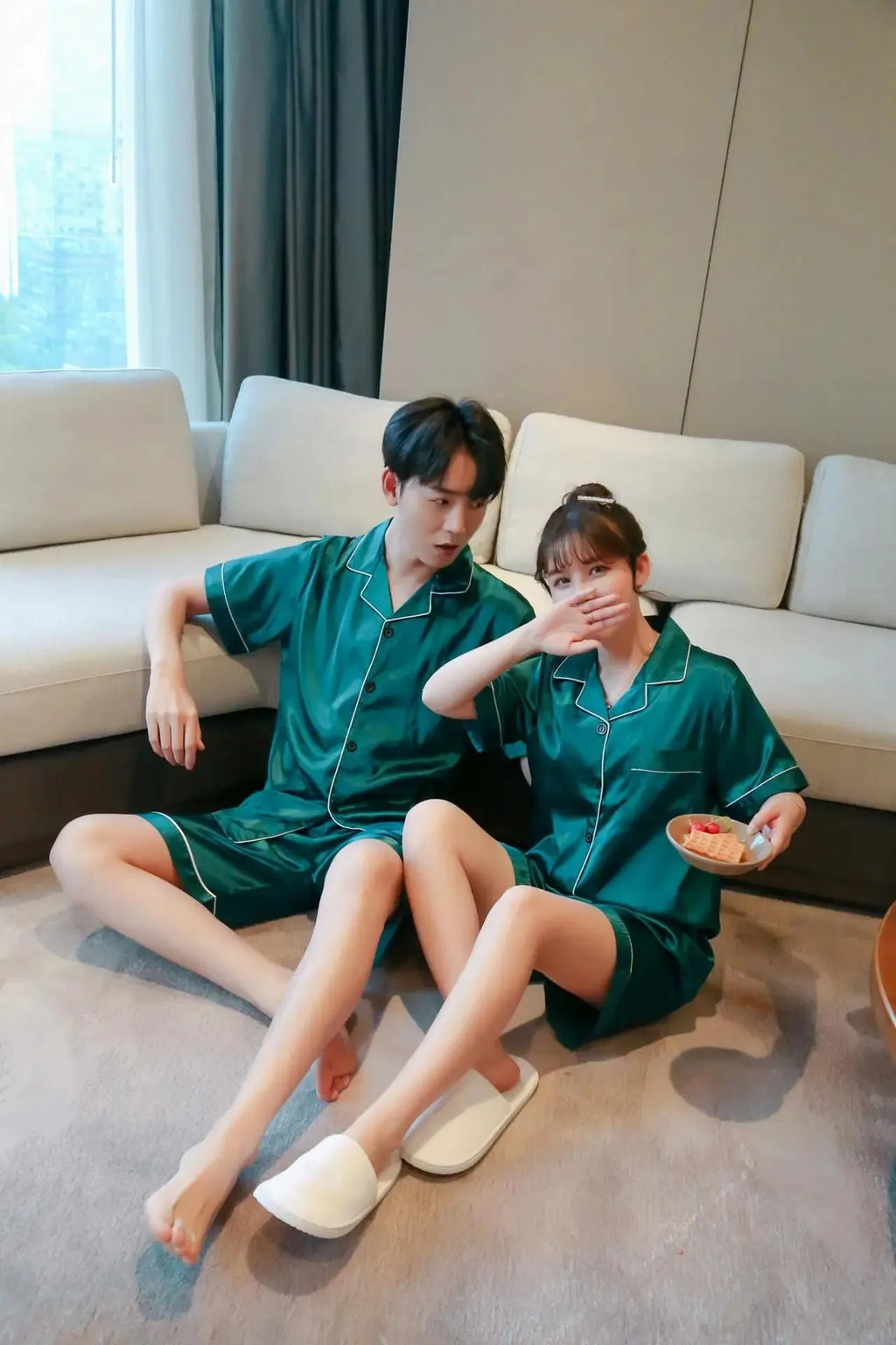 Solid Color Sleepwear Silk Satin Pajamas Couple Set Short-sleeved Pyjamas Suit Pijama Women Men Loungewear Plus Size Pj Set