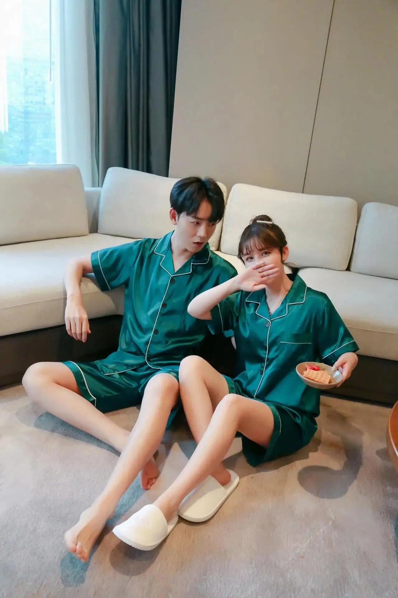 Solid Color Sleepwear Silk Satin Pajamas Couple Set Short-sleeved Pyjamas Suit Pijama Women Men Loungewear Plus Size Pj Set