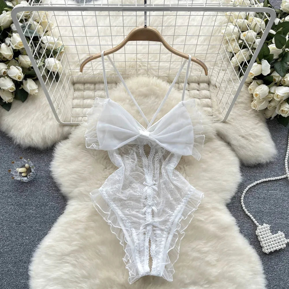 Female Sleevless Halter Playsuits Lace Sheer Open Crotch Lingerie Rompers Women Erotic Hollow Out Sexy Bodysuits Bow Jumpsuit