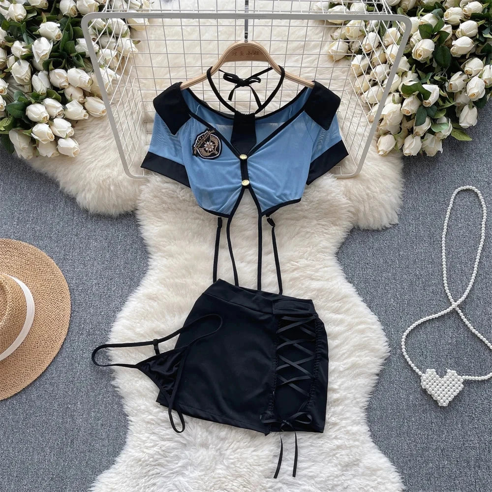 Female Sleevless Halter Playsuits Lace Sheer Open Crotch Lingerie Rompers Women Erotic Hollow Out Sexy Bodysuits Bow Jumpsuit