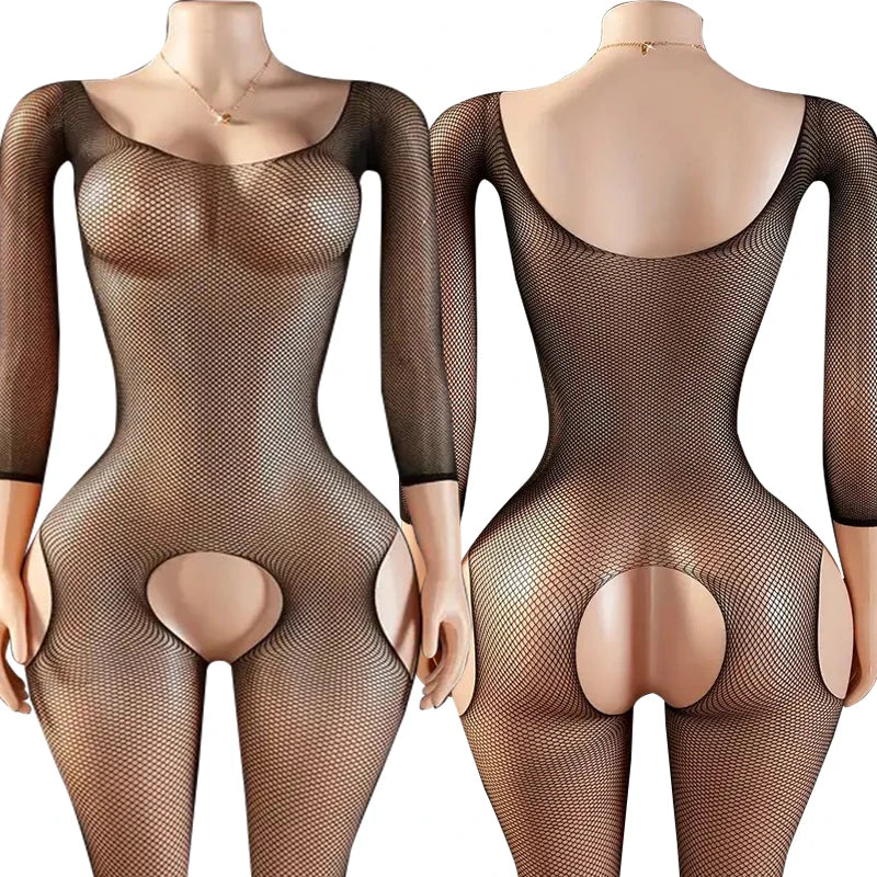 Sexy Crotchless Lingerie Fishnet Bodystocking – Floral Mesh Hollow Body Suit for Women