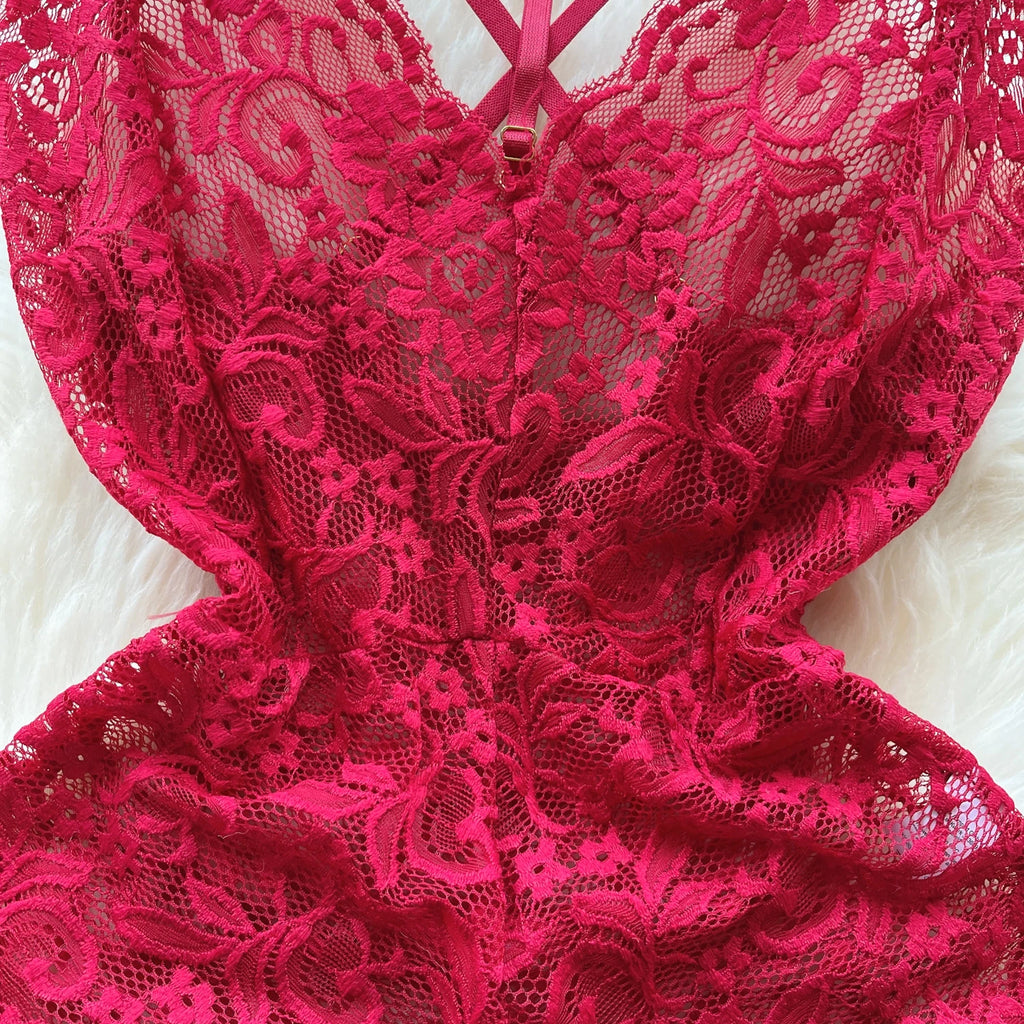 Sexy Lace Strap Jumpsuit Slim Fit Transparent Women's Pajamas Halter Playsuit Erotic Lingerie Catsuit Backless Hollowed Bodysuit