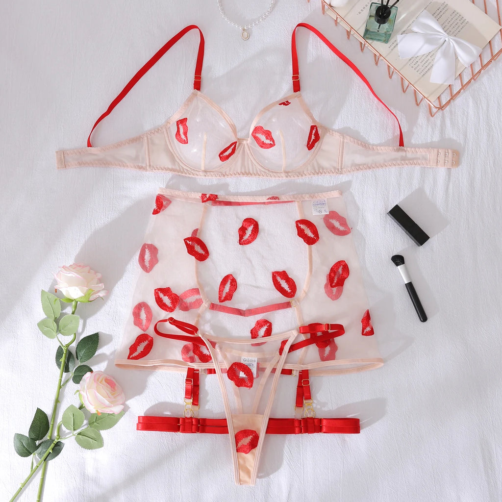 New Women's Mesh Perspective Red Lips Pure Desire Sexy Body Shaping Thin Underwear Split Four Piece Set