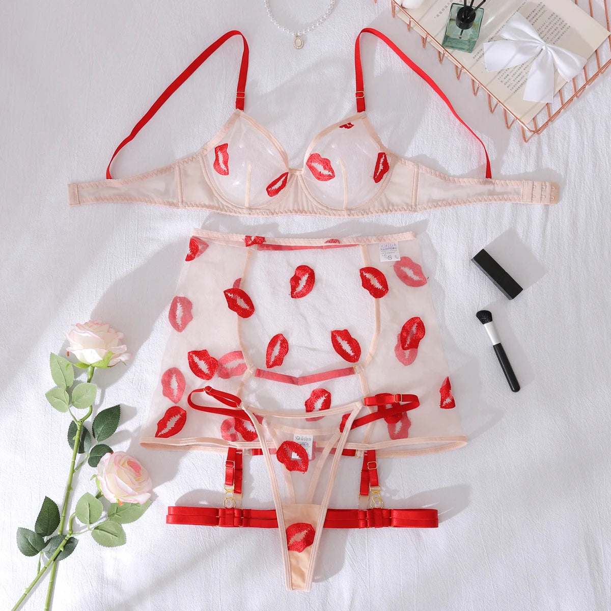 New Women's Mesh Perspective Red Lips Pure Desire Sexy Body Shaping Thin Underwear Split Four Piece Set