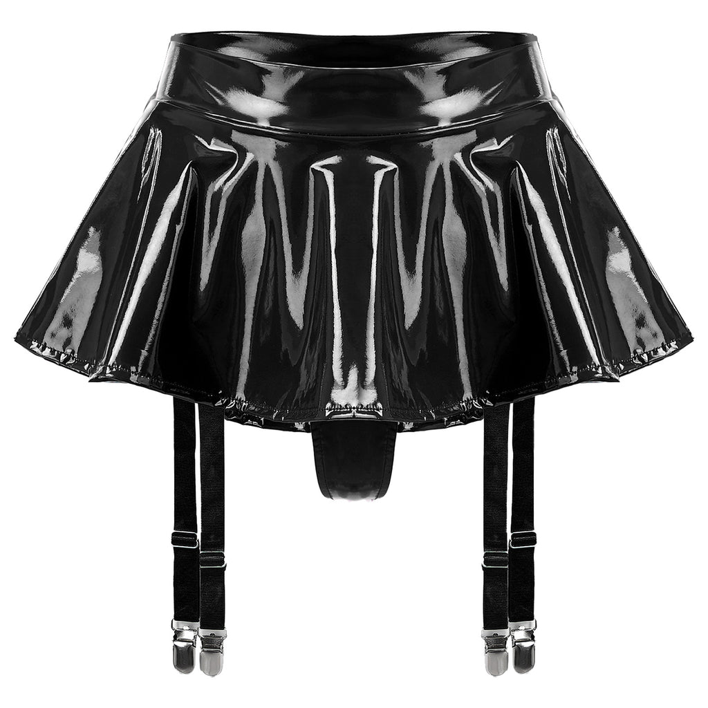 Lingerie Sexy Set Women Wetlook Patent Leather Wire-free Open Cup Sexy Bra with Ruffle Built-in Thongs Garter Belt Mini Skirts