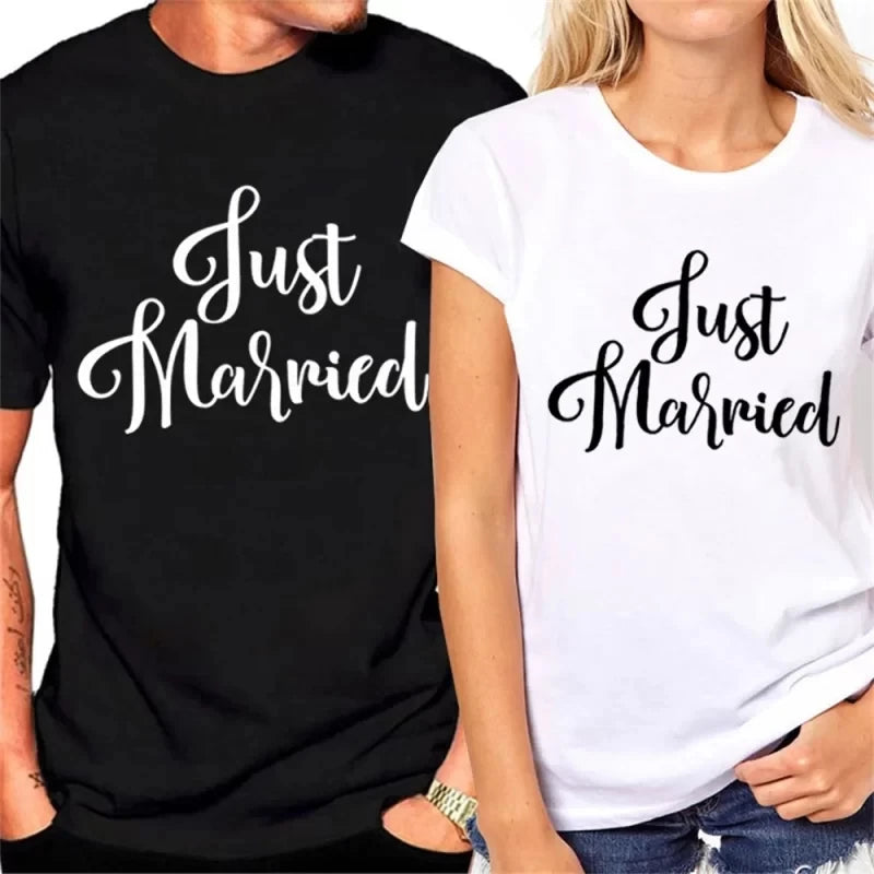 Just Married Couple T Shirt Matching Wedding Tees Newlywed Honeymoon Short Sleeve Cotton Tops for Men Women