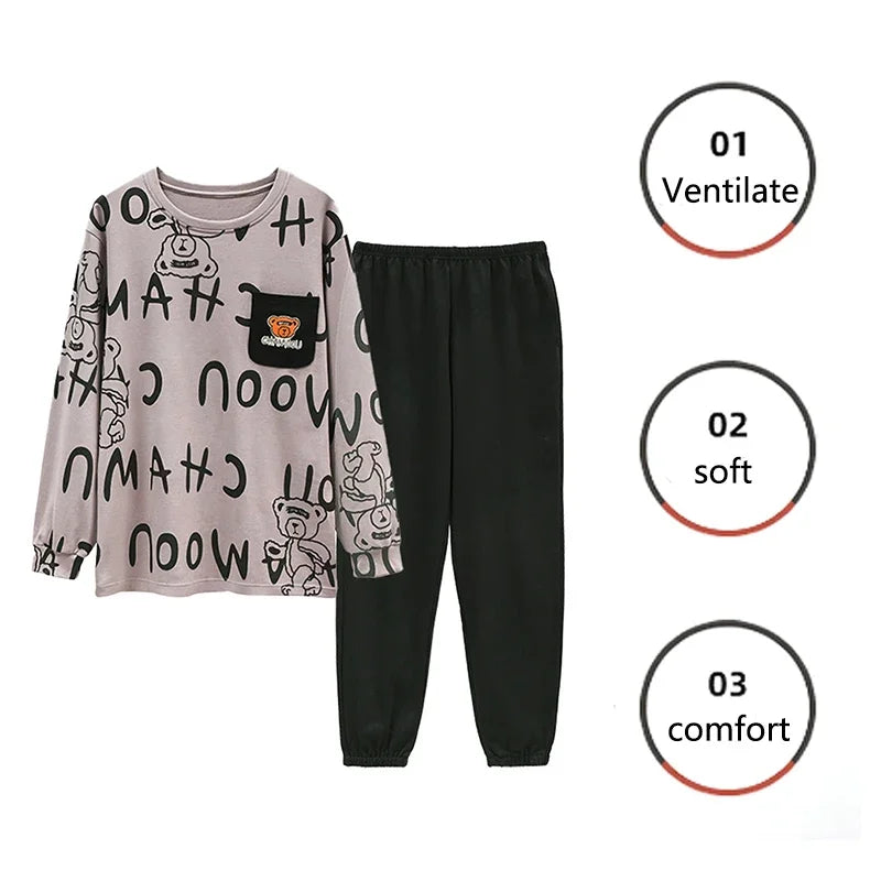 Two Piece Plus Size Men Pajamas Long Sleeve Loose Breathable Cartoon Bear Striped Letters Black Crew Neck Loungewear Set pj