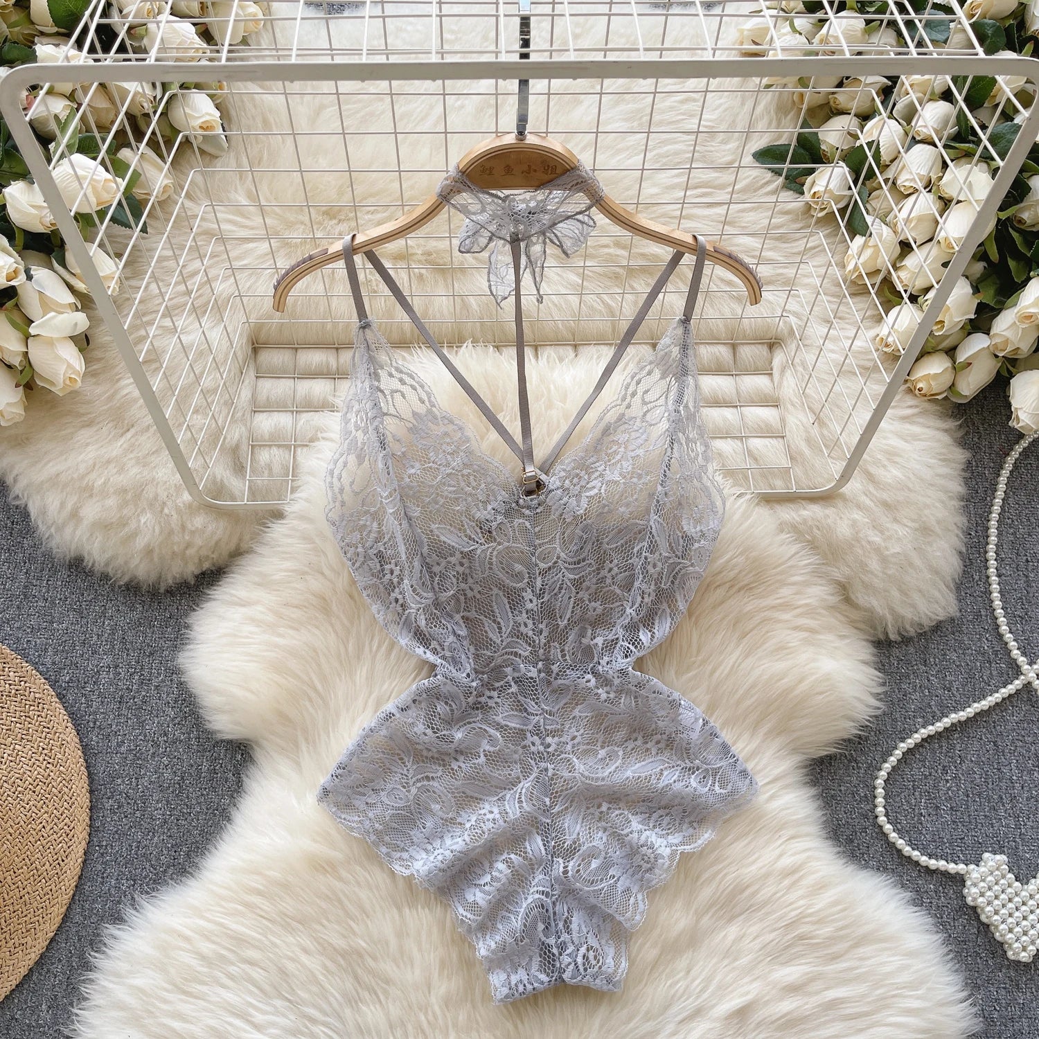 Sexy Lace Strap Jumpsuit Slim Fit Transparent Women's Pajamas Halter Playsuit Erotic Lingerie Catsuit Backless Hollowed Bodysuit