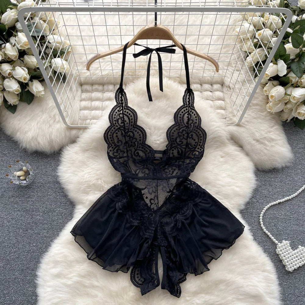 Female Sleevless Halter Playsuits Lace Sheer Open Crotch Lingerie Rompers Women Erotic Hollow Out Sexy Bodysuits Bow Jumpsuit