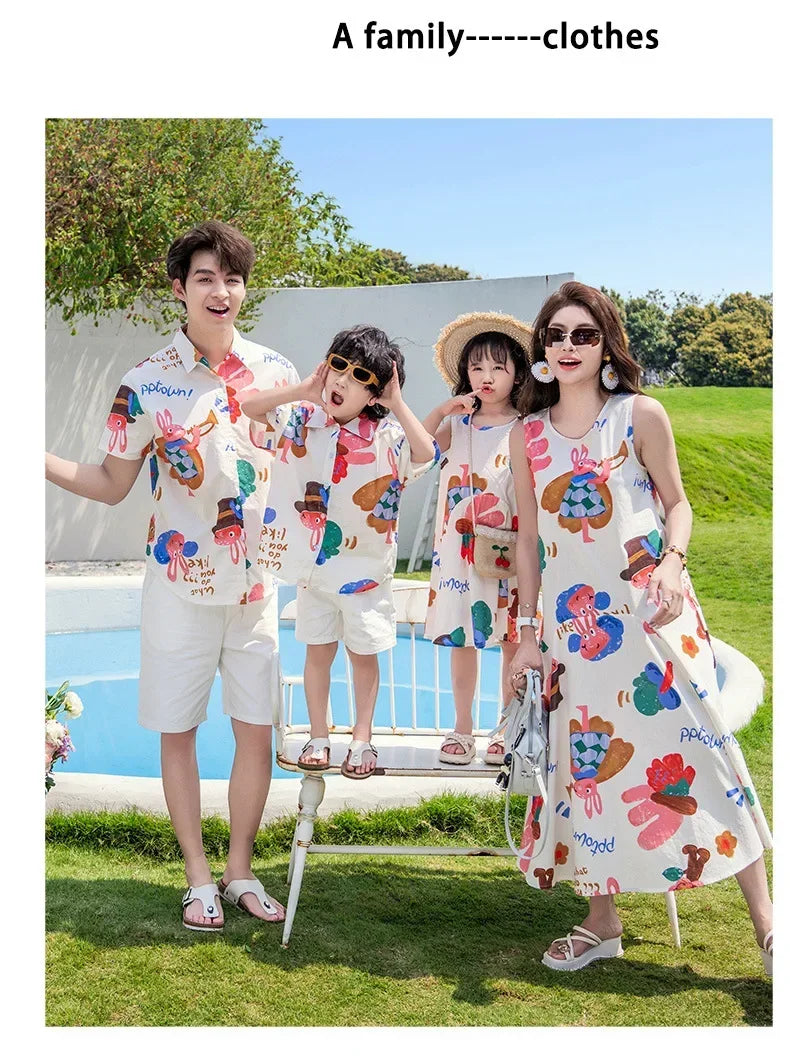 Couple Look Family Matching Outfits Parent-child Clothes Mother Daughter Sleeveless Dress Father Vacation Area Son Beach Shirts