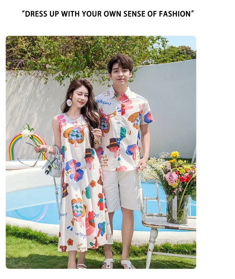 Couple Look Family Matching Outfits Parent-child Clothes Mother Daughter Sleeveless Dress Father Vacation Area Son Beach Shirts