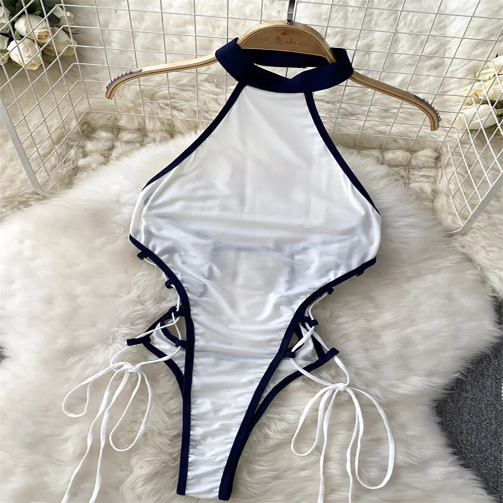 Female Sleevless Halter Playsuits Lace Sheer Open Crotch Lingerie Rompers Women Erotic Hollow Out Sexy Bodysuits Bow Jumpsuit