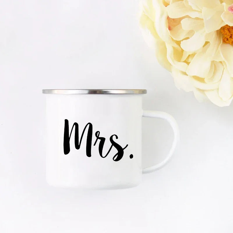 Mr and Mrs Mugs Cute Valentine's Day Gift His and Hers Lovers Camp Cup Husband and Wife Enamel Mug Gift for Couples