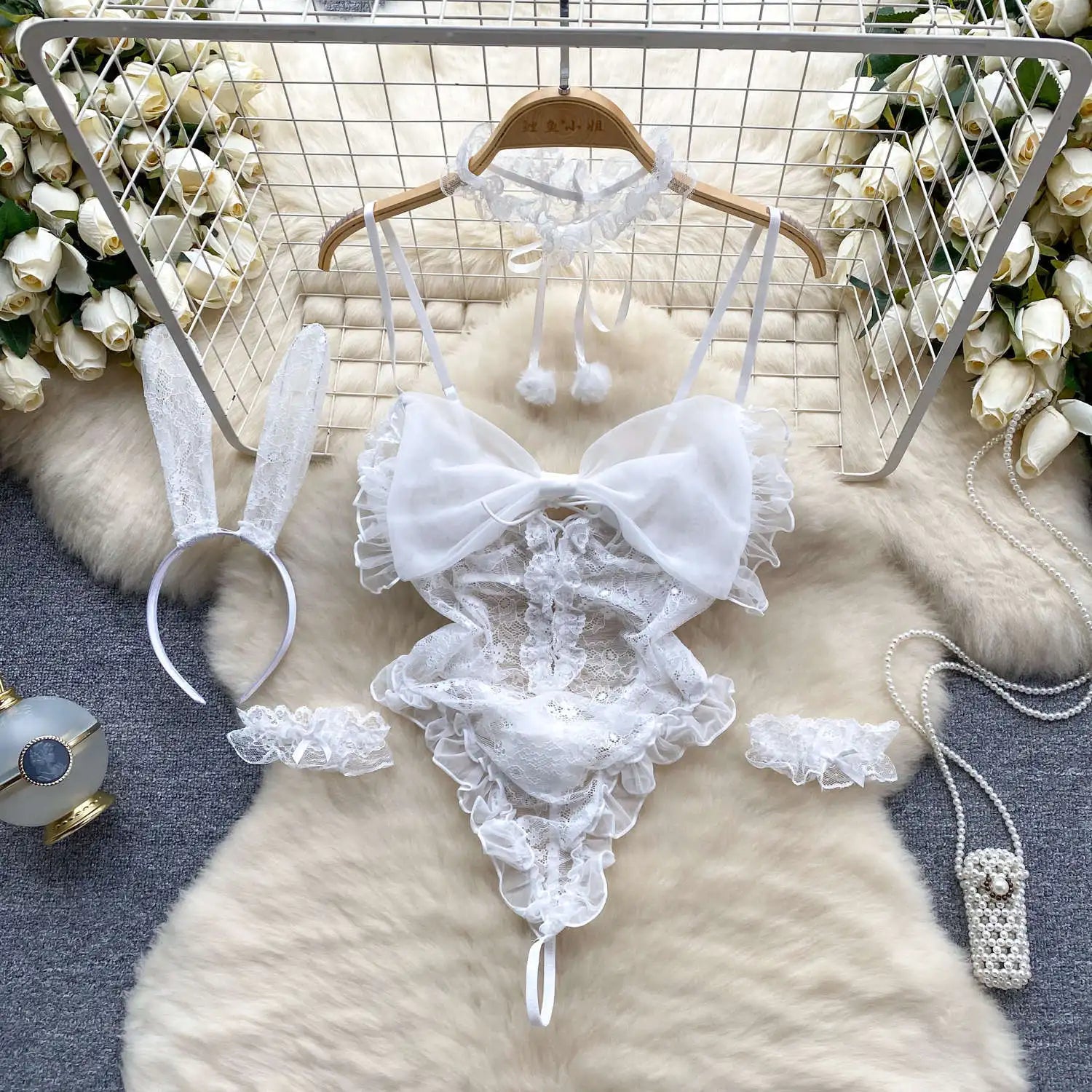 Japan Hotsweet Women's Sleepwear Set Strapless Cut Petal Sleeve Crop Top With Lace Up Pleat Mini Skirt Sexy Erotic Lingerie Set