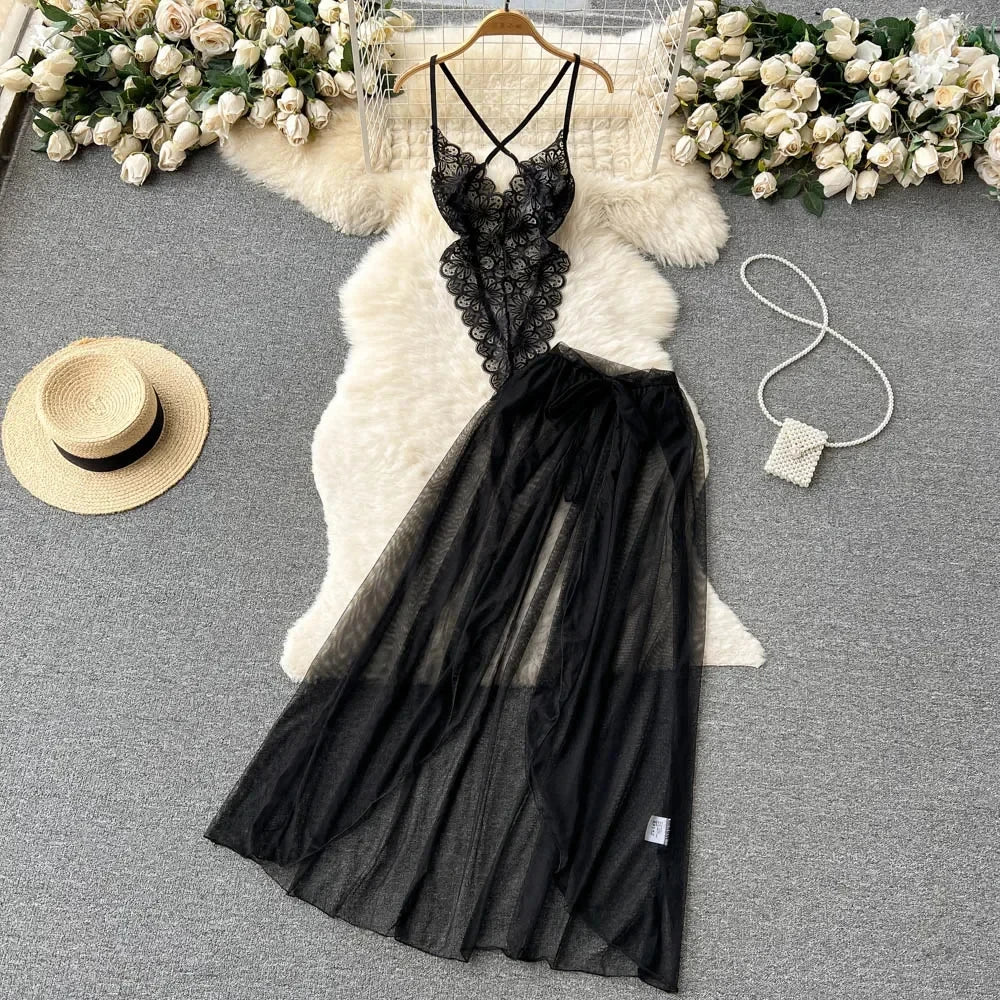 Female Sleevless Halter Playsuits Lace Sheer Open Crotch Lingerie Rompers Women Erotic Hollow Out Sexy Bodysuits Bow Jumpsuit