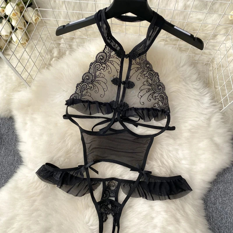 Female Sleevless Halter Playsuits Lace Sheer Open Crotch Lingerie Rompers Women Erotic Hollow Out Sexy Bodysuits Bow Jumpsuit