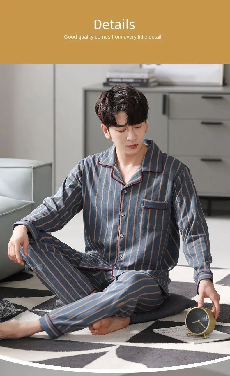 Spring Men's Fall and Winter Long-Sleeved Long Pants Middle-Aged Thin Section of Pajamas Sleepwear Homewear Suit Loungewear
