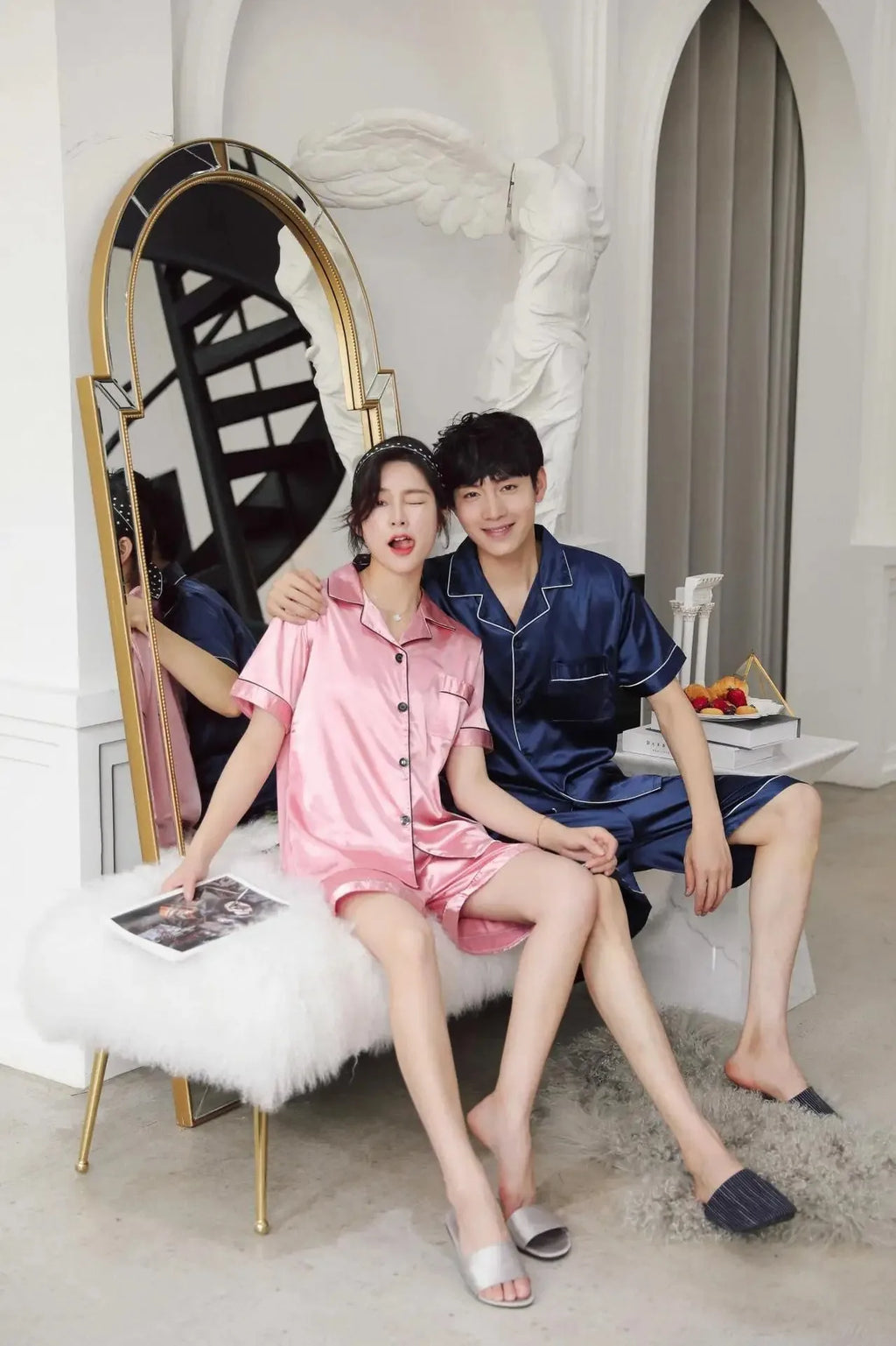 Solid Color Sleepwear Silk Satin Pajamas Couple Set Short-sleeved Pyjamas Suit Pijama Women Men Loungewear Plus Size Pj Set