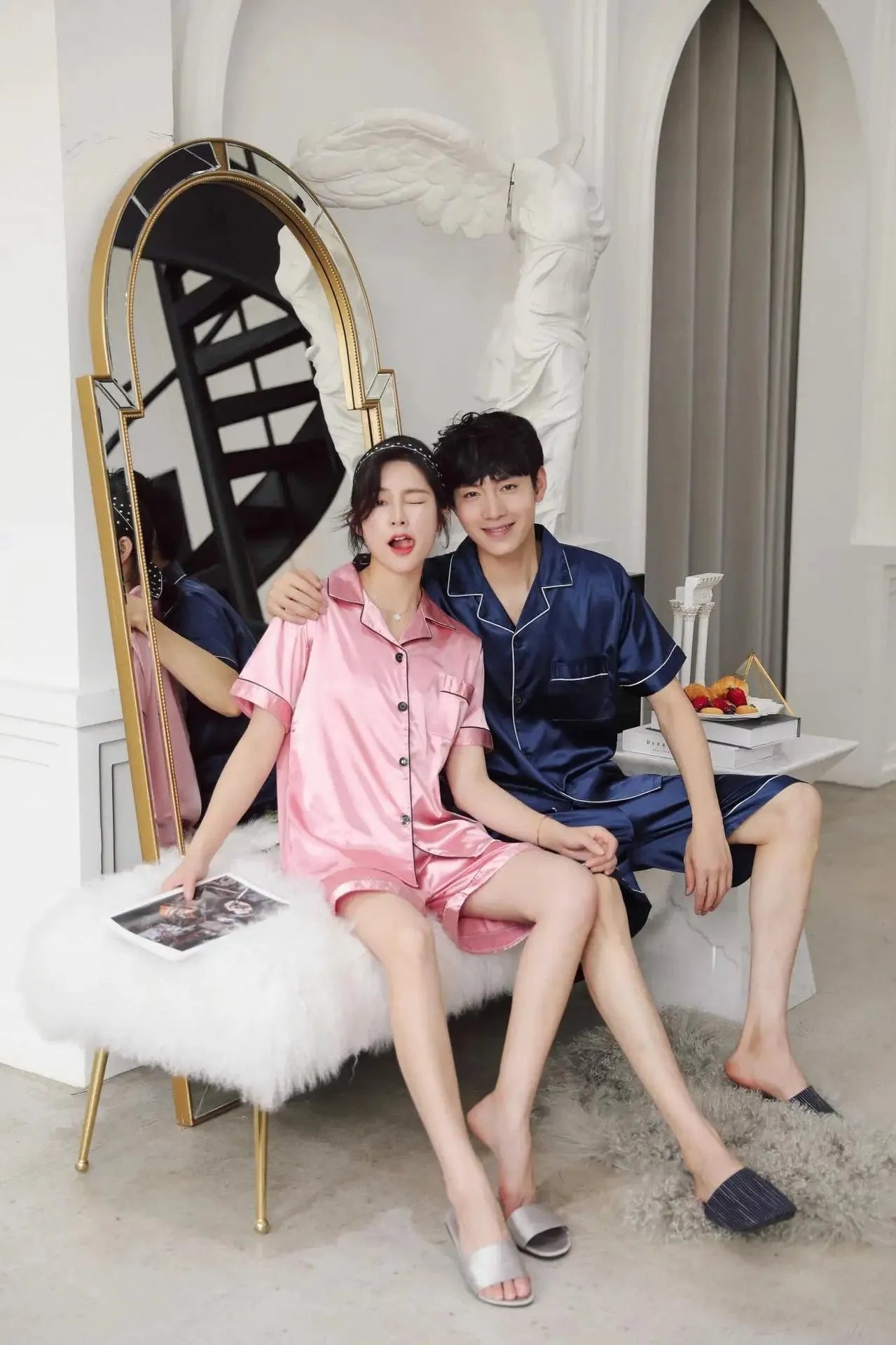 Solid Color Sleepwear Silk Satin Pajamas Couple Set Short-sleeved Pyjamas Suit Pijama Women Men Loungewear Plus Size Pj Set