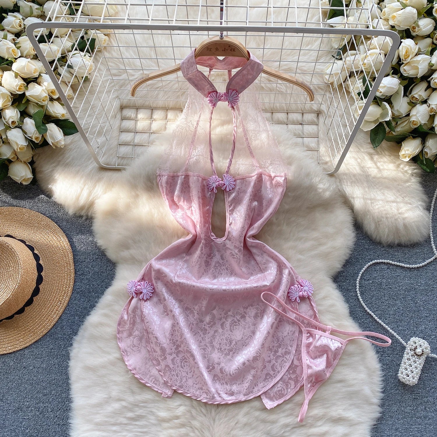 Japan Hotsweet Women's Sleepwear Set Strapless Cut Petal Sleeve Crop Top With Lace Up Pleat Mini Skirt Sexy Erotic Lingerie Set