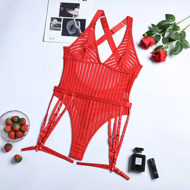 Striped Lace Patchwork Sexy Bodysuit for Women Bodycon Spaghetti Straps Backless Lingerie Body with Garters Nightclub Outfits