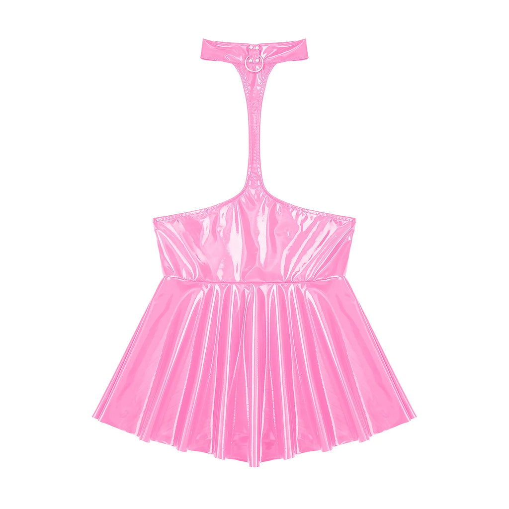 Women Mini Dress Female Sexy Lingerie Backless Open Chest Halter Ruffled Latex Skirt Pole Dance Party Nightclub Costume XXXXL