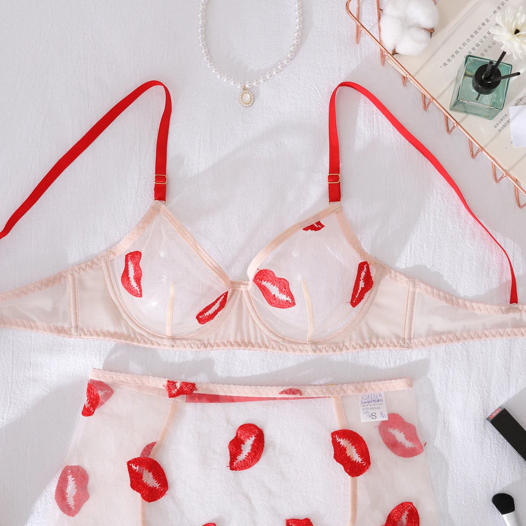 New Women's Mesh Perspective Red Lips Pure Desire Sexy Body Shaping Thin Underwear Split Four Piece Set