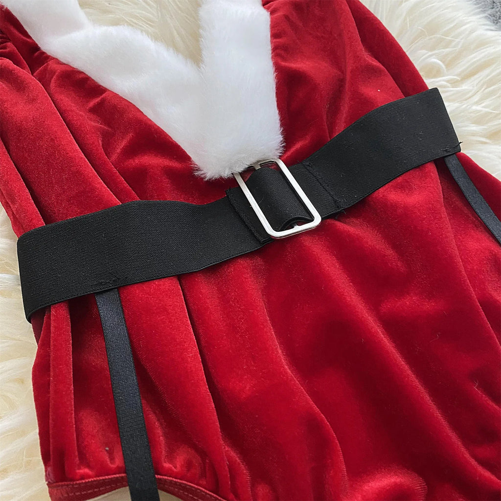 Ellolace Bunny Christmas Lingerie Bodysuit Velvet Red Erotic Costumes Hair Band Deep-V Sweet Girl Festival Set Woman 3 Pieces