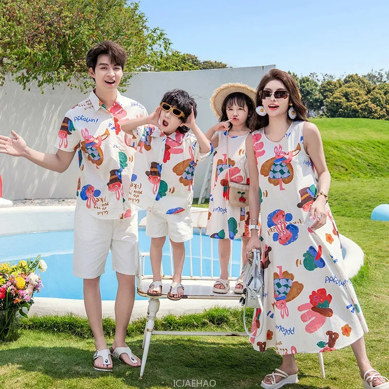 Couple Look Family Matching Outfits Parent-child Clothes Mother Daughter Sleeveless Dress Father Vacation Area Son Beach Shirts