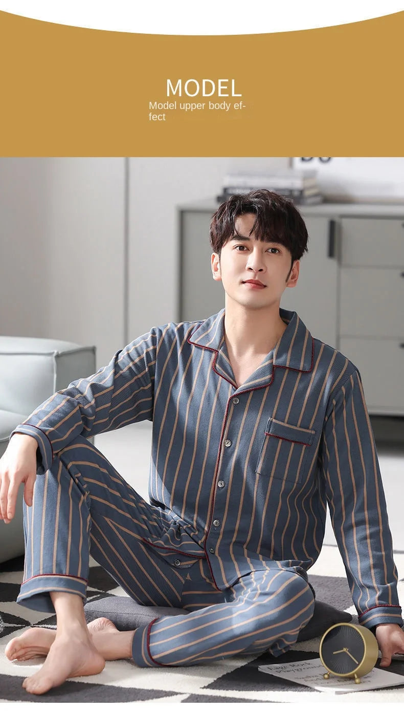 Spring Men's Fall and Winter Long-Sleeved Long Pants Middle-Aged Thin Section of Pajamas Sleepwear Homewear Suit Loungewear