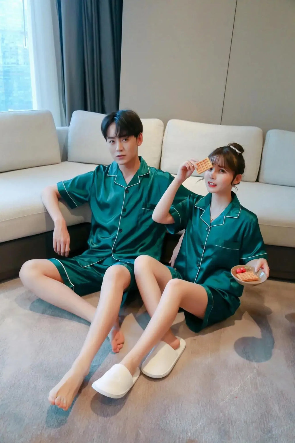 Solid Color Sleepwear Silk Satin Pajamas Couple Set Short-sleeved Pyjamas Suit Pijama Women Men Loungewear Plus Size Pj Set